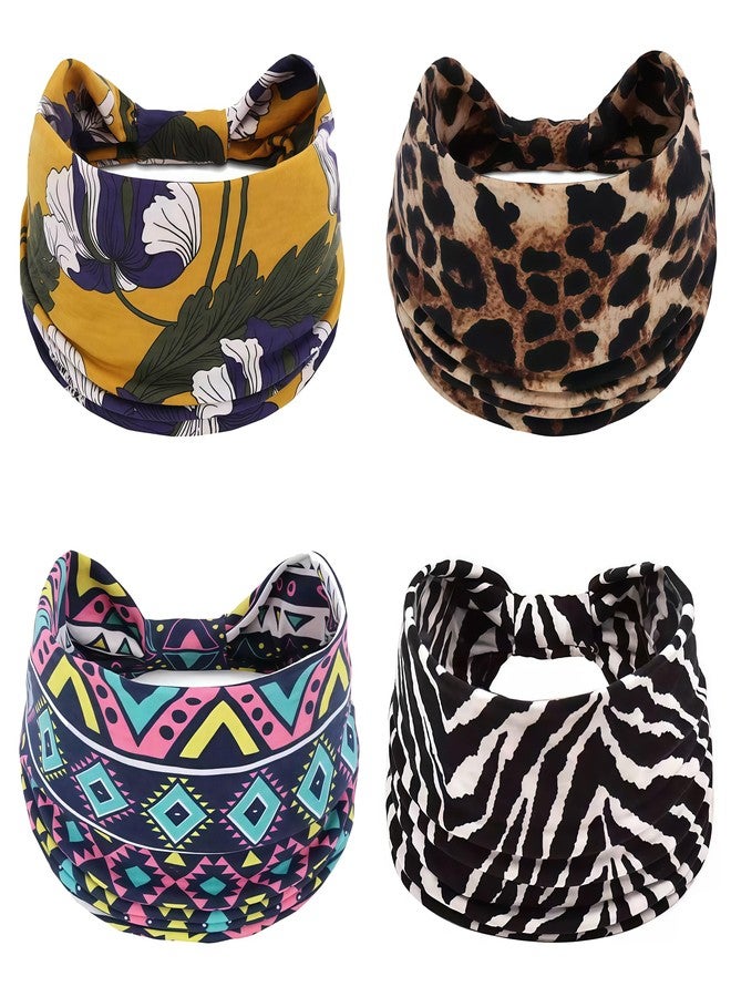 Keeshibao Wide Headbands for Women Non Slip Soft Fabric Hair Wrap, 4-Pcs Cloth Headbands, Boho Stretchy Fashion Headbands Fabric Twist Head Wraps for Women Girls Workout Yoga Hair Bands- Leopard - Image 4